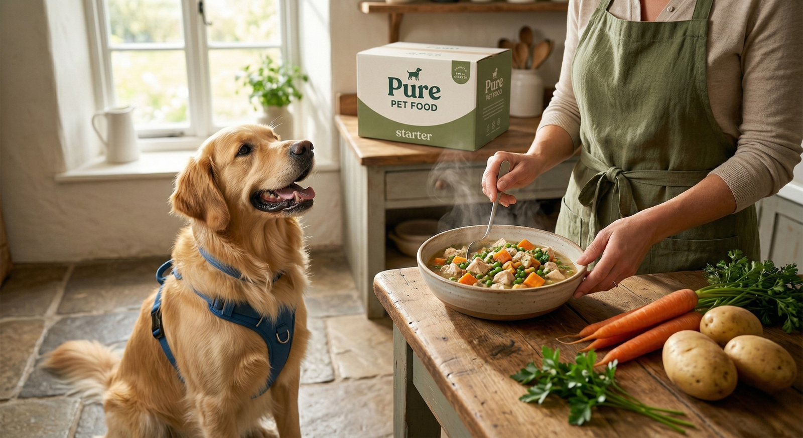 Wholesome ingredients and a happy dog waiting for The Pawfect Match meal